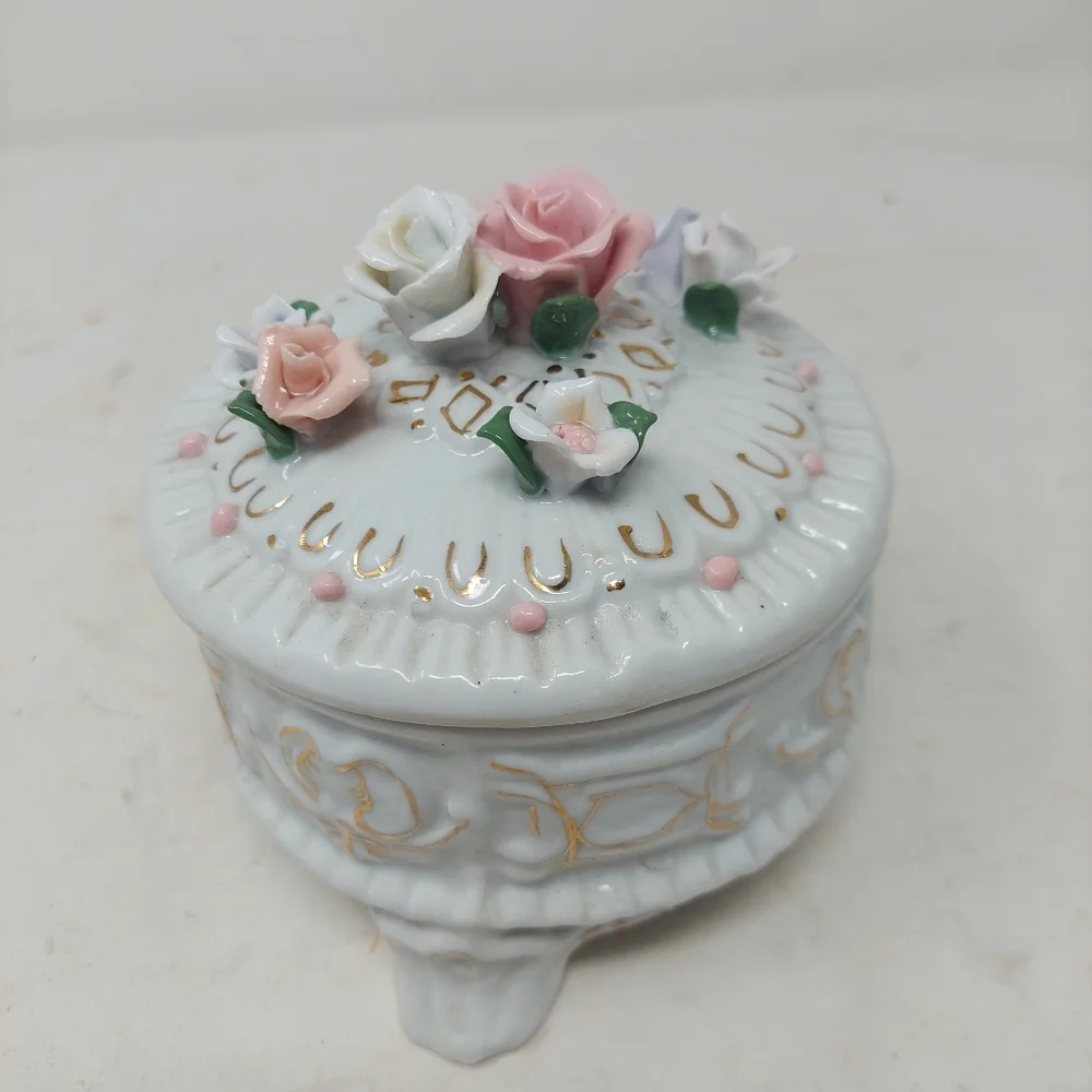 Vintage Floral Trinket Box Porcelain White Pink Roses Jewelry Footed Victorian